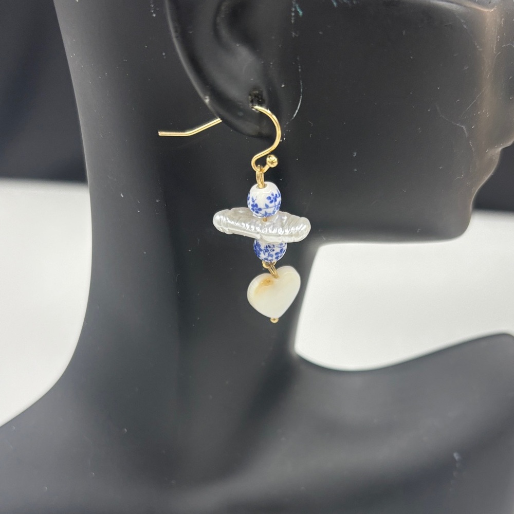 Blue & White Bead Pearl Heart Drop Earrings — Gold Hooks